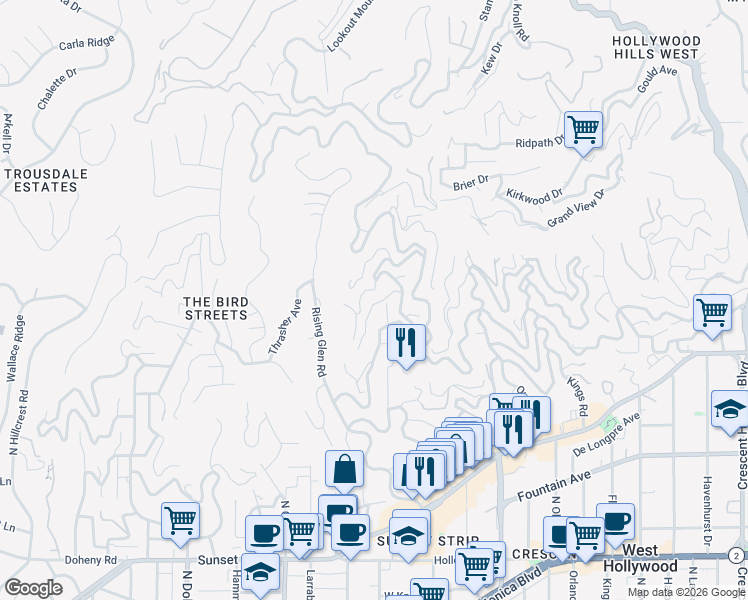 map of restaurants, bars, coffee shops, grocery stores, and more near 8835 Evanview Drive in Los Angeles