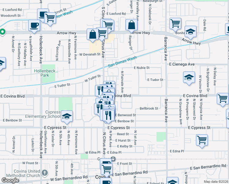 map of restaurants, bars, coffee shops, grocery stores, and more near 155 Dove Landing in Covina