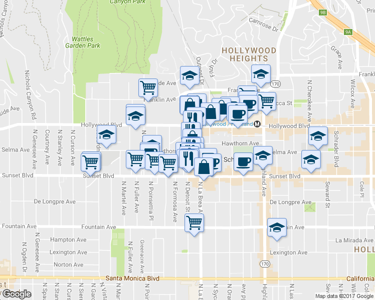 map of restaurants, bars, coffee shops, grocery stores, and more near 1603 N La Brea Ave in Los Angeles
