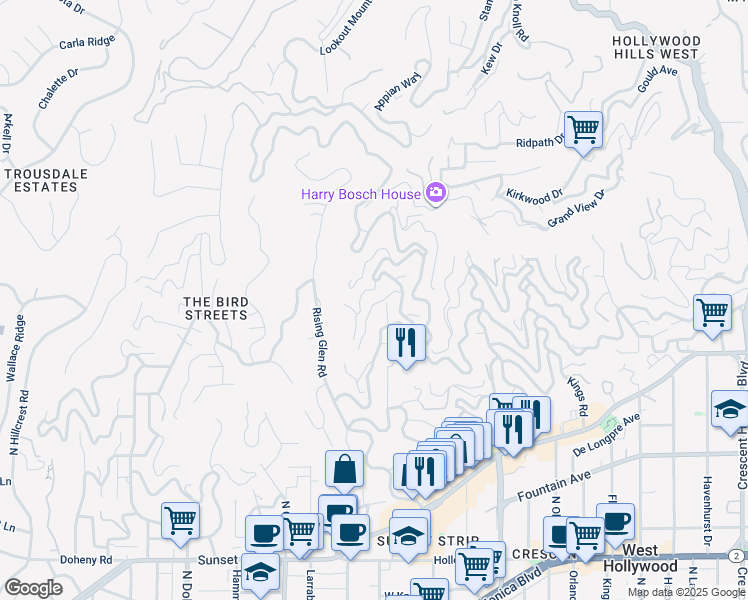 map of restaurants, bars, coffee shops, grocery stores, and more near 8835 Evanview Drive in Los Angeles