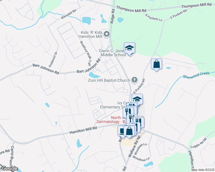 map of restaurants, bars, coffee shops, grocery stores, and more near 3304 Edenridge Court in Buford