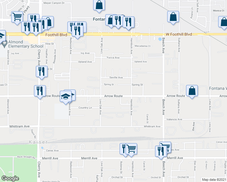 map of restaurants, bars, coffee shops, grocery stores, and more near 14970 Arrow Route in Fontana