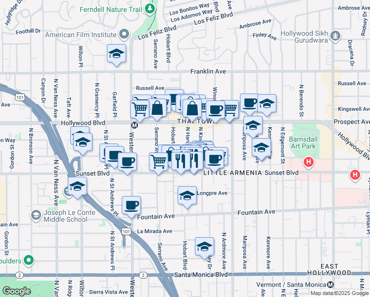 map of restaurants, bars, coffee shops, grocery stores, and more near 1559 North Harvard Boulevard in Los Angeles