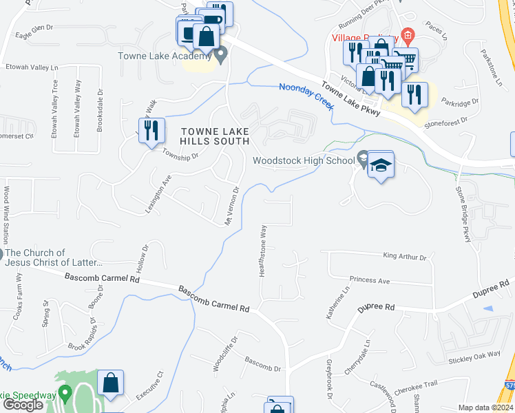 map of restaurants, bars, coffee shops, grocery stores, and more near 115 Hearthstone Walk in Woodstock