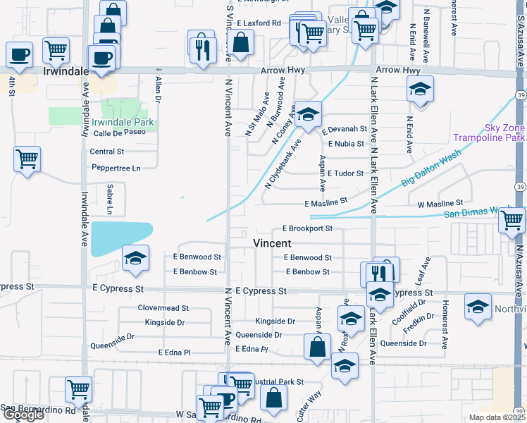 map of restaurants, bars, coffee shops, grocery stores, and more near 16500 East Brookport Street in Covina