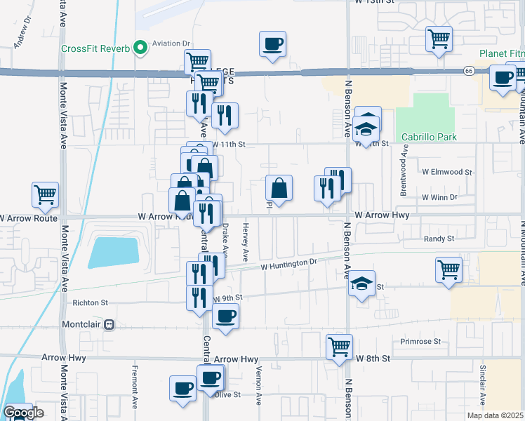 map of restaurants, bars, coffee shops, grocery stores, and more near 1841 West Arrow Route in Upland