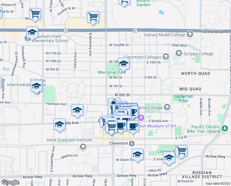 map of restaurants, bars, coffee shops, grocery stores, and more near 319 West 6th Street in Claremont