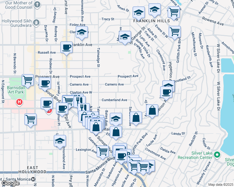 map of restaurants, bars, coffee shops, grocery stores, and more near 1572 Myra Avenue in Los Angeles