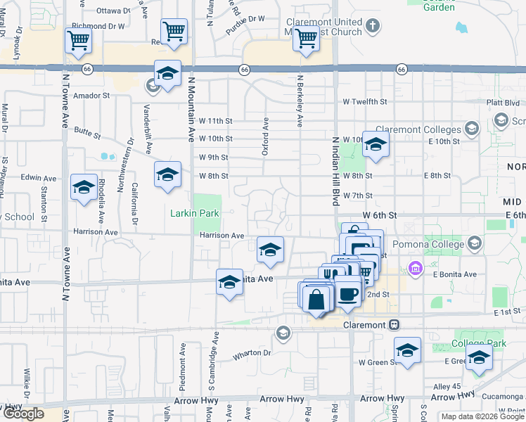 map of restaurants, bars, coffee shops, grocery stores, and more near 631 Leyden Lane in Claremont