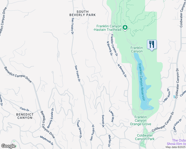 map of restaurants, bars, coffee shops, grocery stores, and more near 1600 Summitridge Drive in Beverly Hills