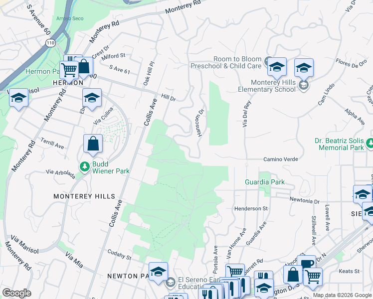 map of restaurants, bars, coffee shops, grocery stores, and more near 2076 Hanscom Drive in South Pasadena
