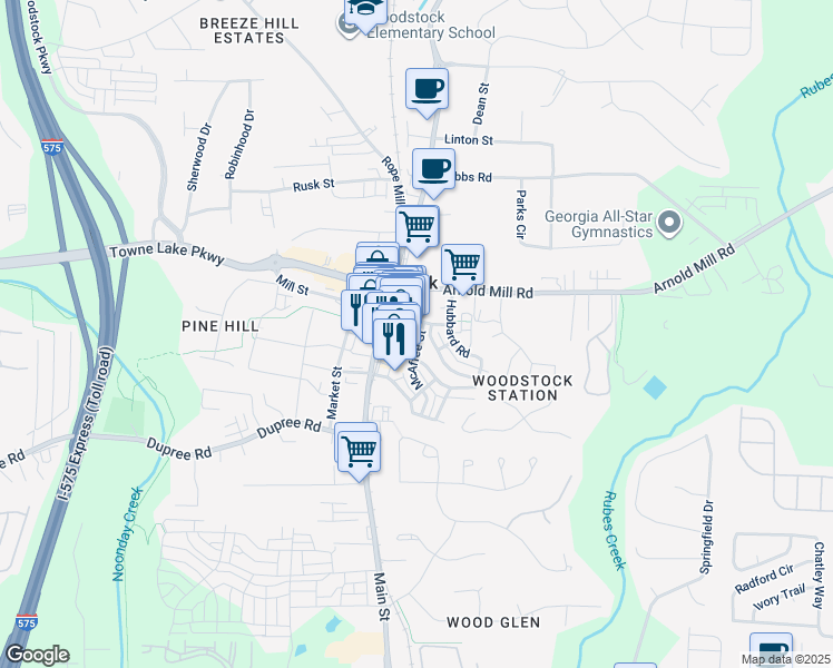 map of restaurants, bars, coffee shops, grocery stores, and more near 329 McAffee Street in Woodstock