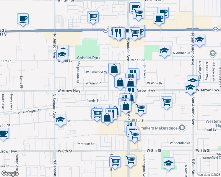 map of restaurants, bars, coffee shops, grocery stores, and more near 1322 West Arrow Highway in Upland