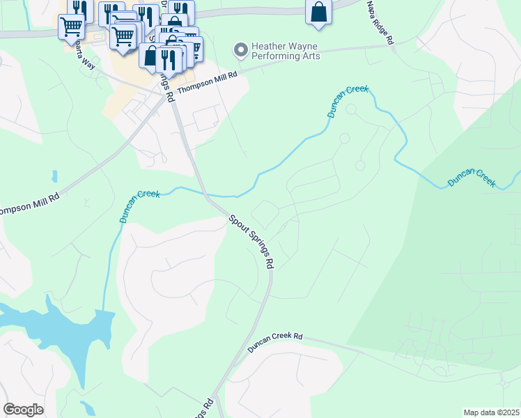 map of restaurants, bars, coffee shops, grocery stores, and more near 2608 Turnwater Street in Buford