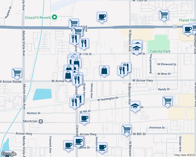 map of restaurants, bars, coffee shops, grocery stores, and more near 1841 West Arrow Route in Upland