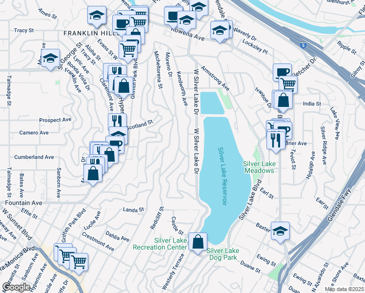 map of restaurants, bars, coffee shops, grocery stores, and more near 2226 Moreno Drive in Los Angeles
