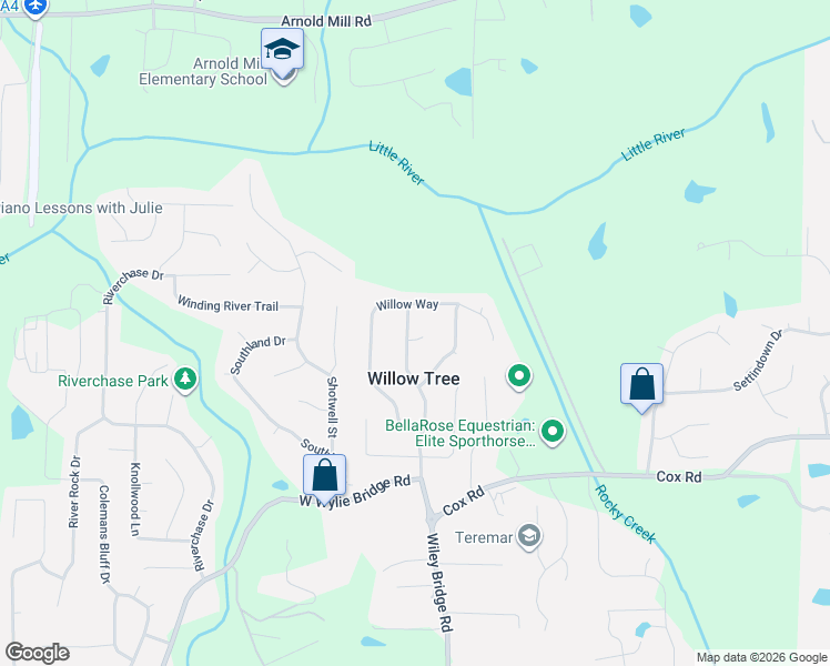 map of restaurants, bars, coffee shops, grocery stores, and more near 1328 Willow Tree Drive in Woodstock
