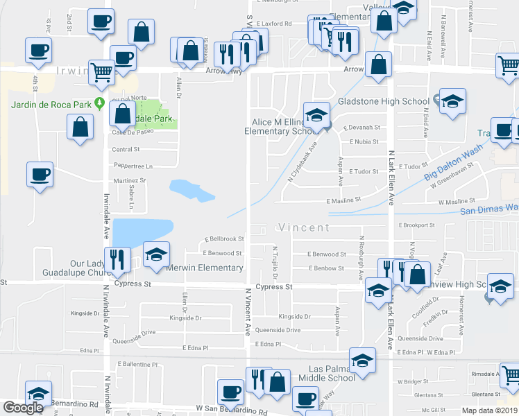 map of restaurants, bars, coffee shops, grocery stores, and more near 4810 North Vincent Avenue in Covina