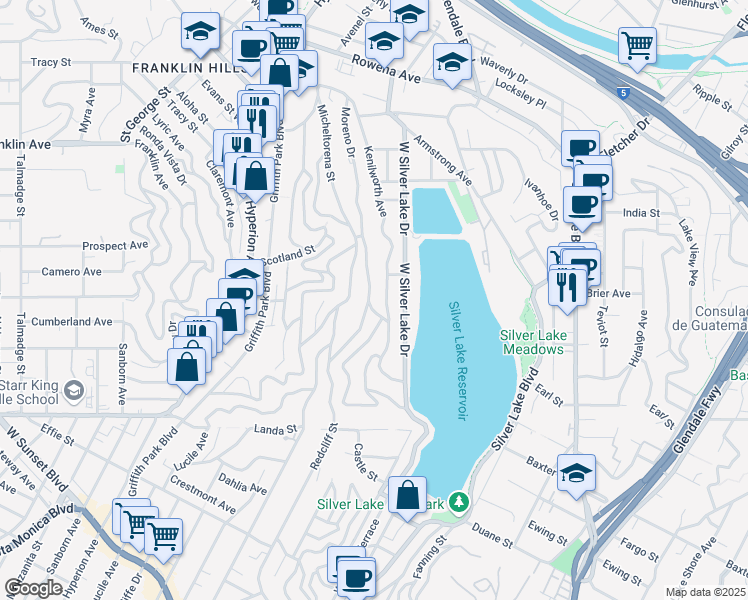 map of restaurants, bars, coffee shops, grocery stores, and more near 2226 Moreno Drive in Los Angeles