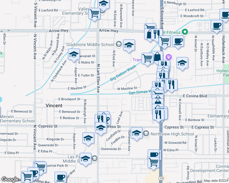 map of restaurants, bars, coffee shops, grocery stores, and more near 1188 West Masline Street in Covina