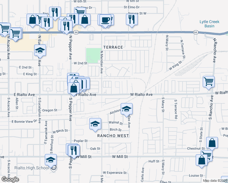 map of restaurants, bars, coffee shops, grocery stores, and more near 2617 West Rialto Avenue in San Bernardino