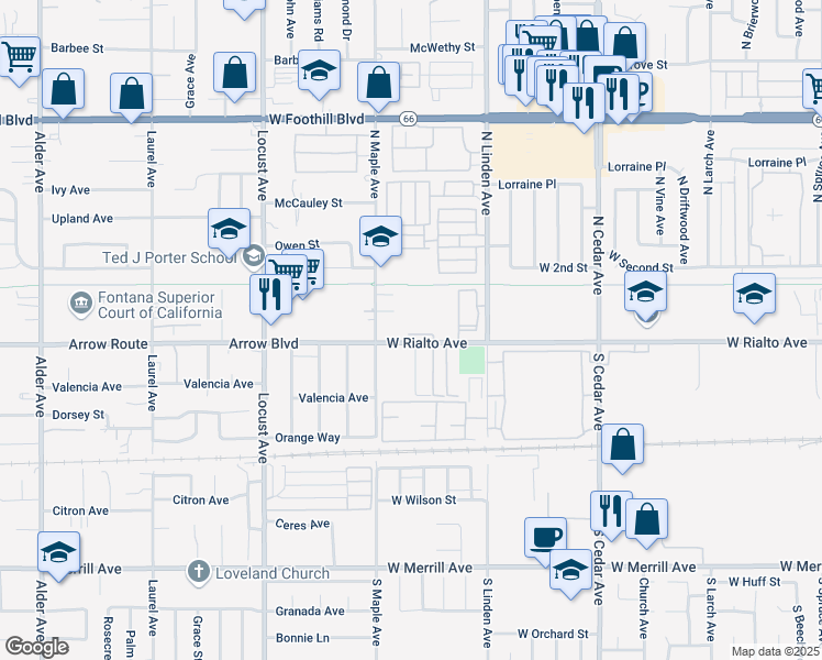 map of restaurants, bars, coffee shops, grocery stores, and more near 1624 West Rialto Avenue in Rialto