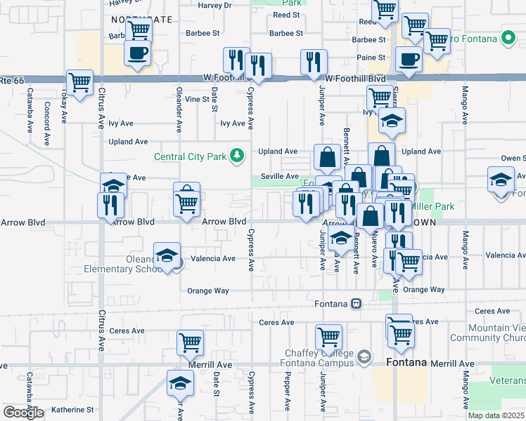 map of restaurants, bars, coffee shops, grocery stores, and more near 16520 Arrow Boulevard in Fontana