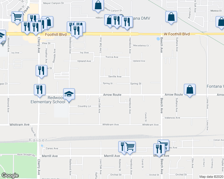 map of restaurants, bars, coffee shops, grocery stores, and more near 14970 Arrow Route in Fontana