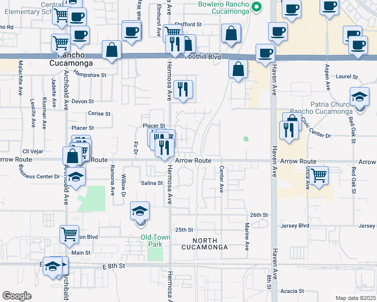 map of restaurants, bars, coffee shops, grocery stores, and more near 10171 Indian Summer Drive in Rancho Cucamonga