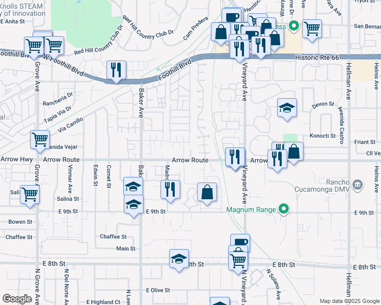 map of restaurants, bars, coffee shops, grocery stores, and more near 8719 Sierra View Court in Rancho Cucamonga