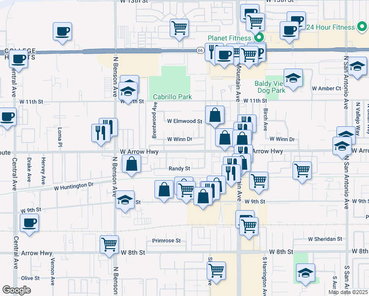 map of restaurants, bars, coffee shops, grocery stores, and more near 1380 West Arrow Highway in Upland