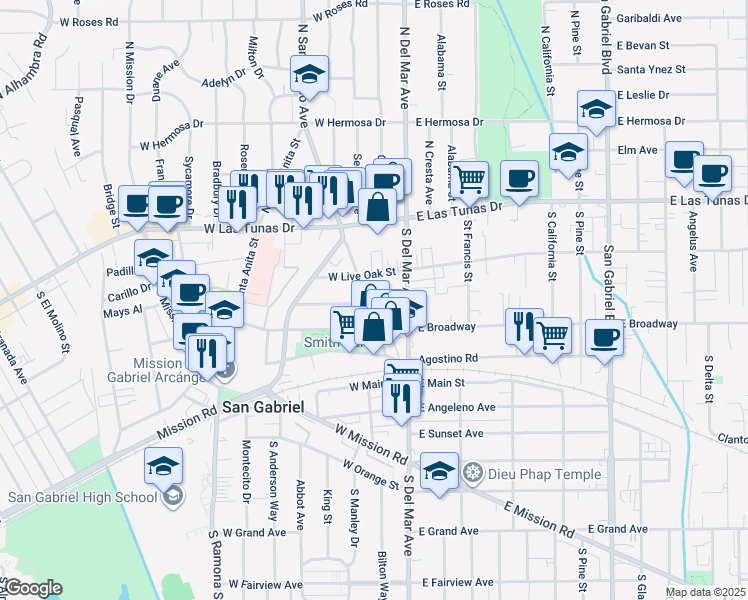 map of restaurants, bars, coffee shops, grocery stores, and more near 238 South San Marino Avenue in San Gabriel