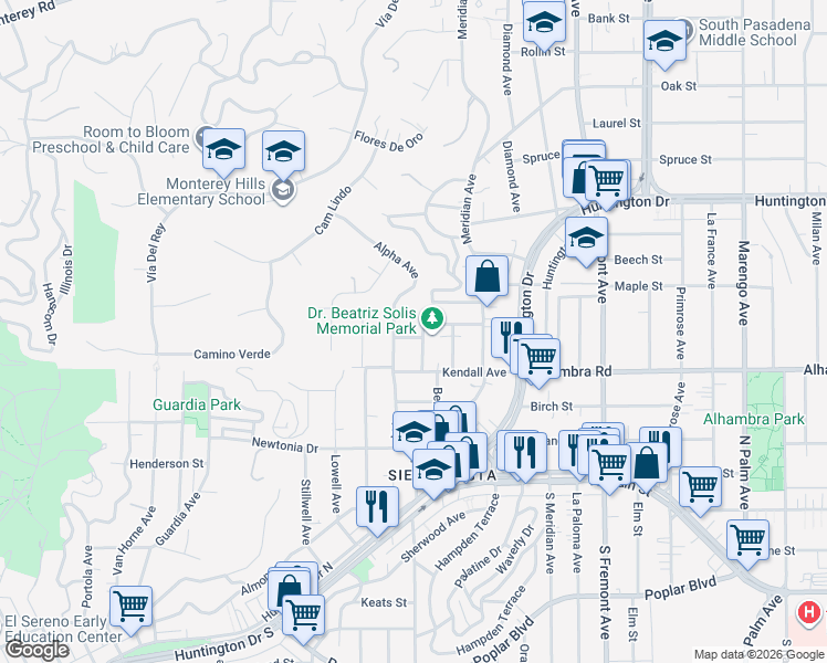 map of restaurants, bars, coffee shops, grocery stores, and more near 2021 Berkshire Avenue in South Pasadena