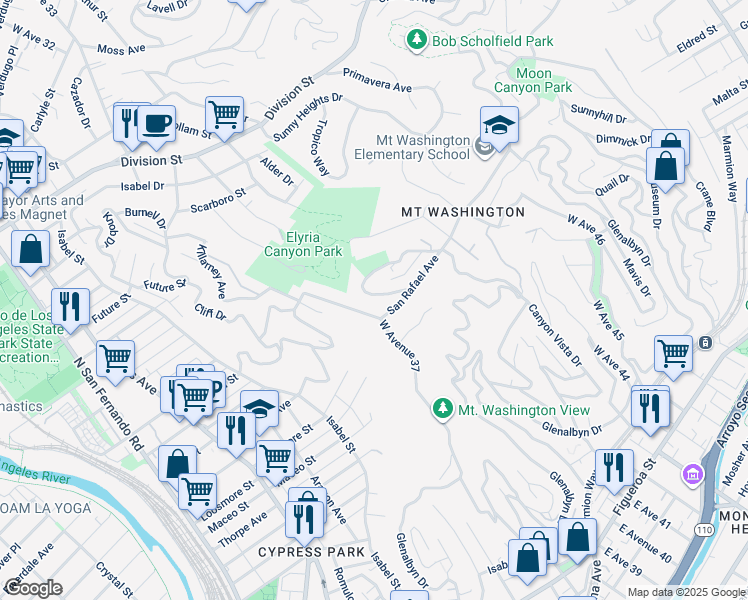 map of restaurants, bars, coffee shops, grocery stores, and more near 891 Mount Washington Drive in Los Angeles