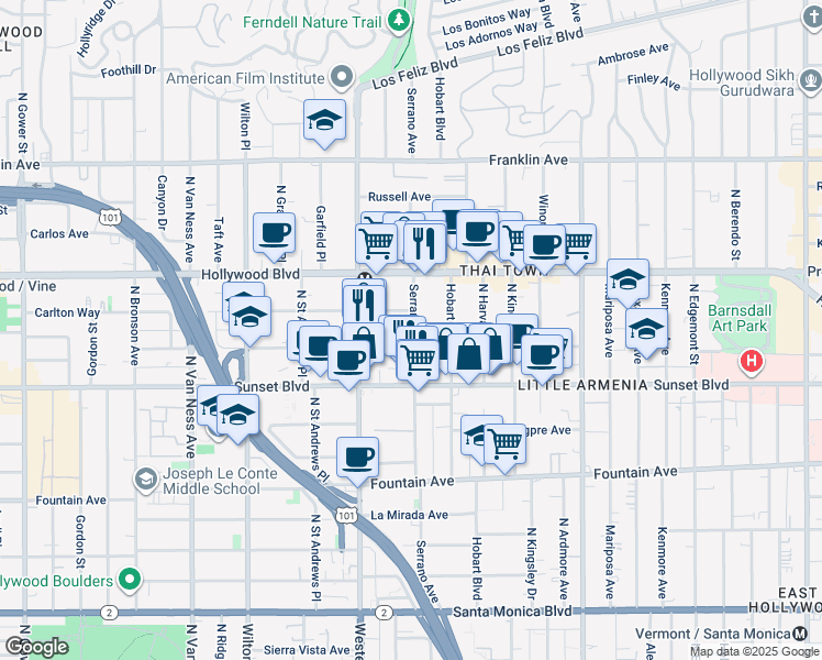 map of restaurants, bars, coffee shops, grocery stores, and more near 1545 North Hobart Boulevard in Los Angeles