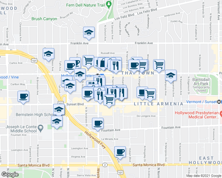 map of restaurants, bars, coffee shops, grocery stores, and more near 5425 Harold Way in Los Angeles