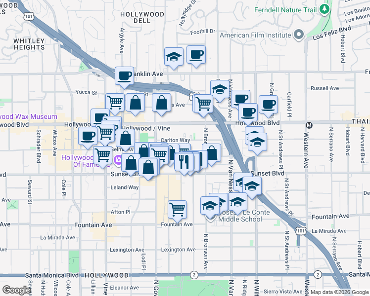 map of restaurants, bars, coffee shops, grocery stores, and more near 1545 Gordon Street in Los Angeles