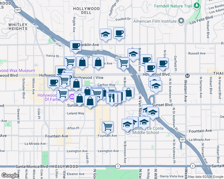 map of restaurants, bars, coffee shops, grocery stores, and more near 1545 Gordon Street in Los Angeles