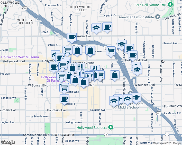 map of restaurants, bars, coffee shops, grocery stores, and more near 6078 Selma Avenue in Los Angeles