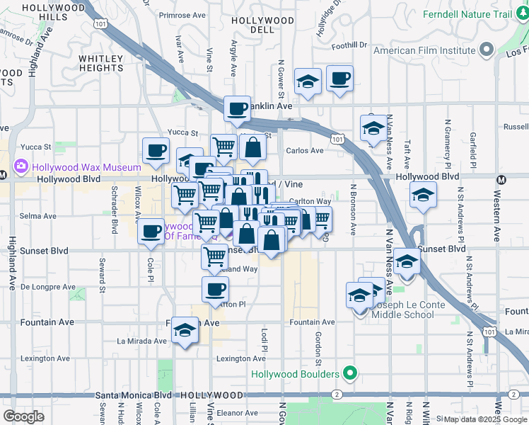 map of restaurants, bars, coffee shops, grocery stores, and more near 6116 Selma Avenue in Los Angeles