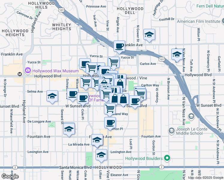 map of restaurants, bars, coffee shops, grocery stores, and more near in Los Angeles
