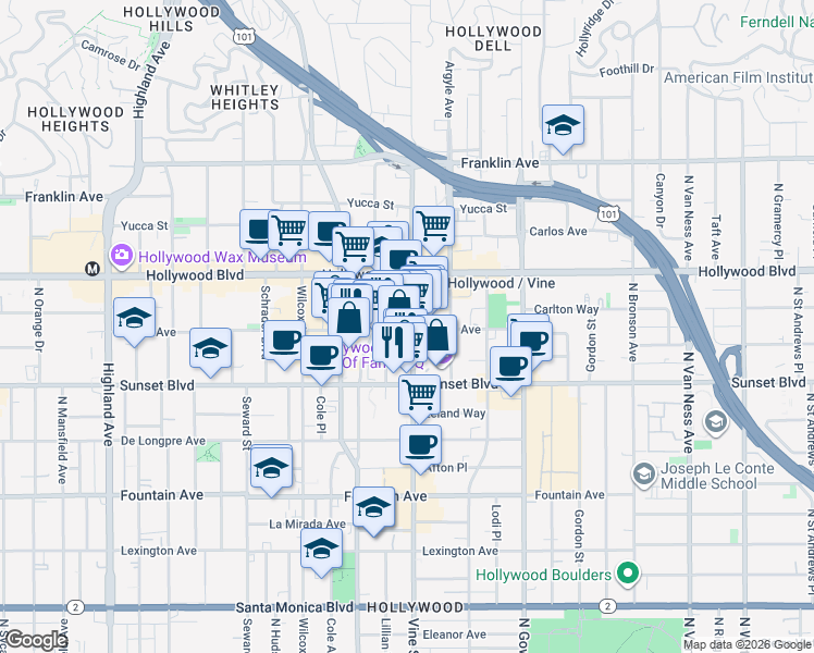 map of restaurants, bars, coffee shops, grocery stores, and more near 1602 Ivar Avenue in Los Angeles