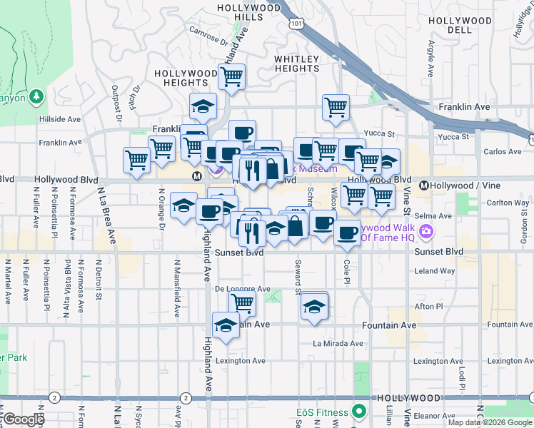 map of restaurants, bars, coffee shops, grocery stores, and more near 6660 Selma Avenue in Los Angeles