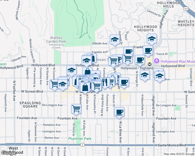 map of restaurants, bars, coffee shops, grocery stores, and more near 1550 North Fuller Avenue in Los Angeles