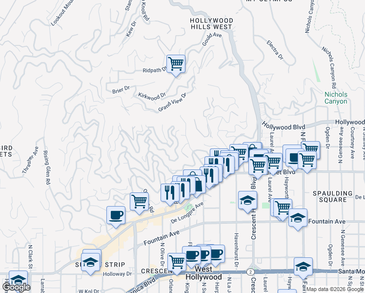 map of restaurants, bars, coffee shops, grocery stores, and more near 8415 Hillside Avenue in West Hollywood