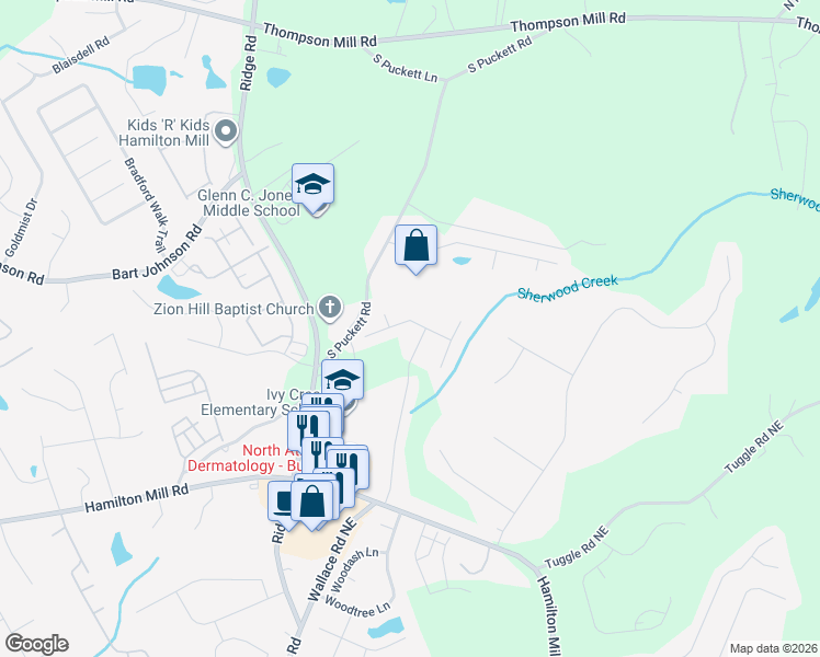 map of restaurants, bars, coffee shops, grocery stores, and more near 3540 Hamilton Creek Trail Northeast in Buford