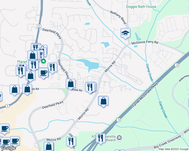map of restaurants, bars, coffee shops, grocery stores, and more near 3470 New Fawn Lane in Alpharetta
