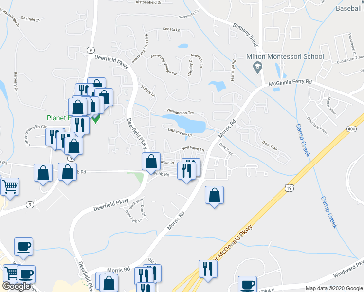 map of restaurants, bars, coffee shops, grocery stores, and more near 844 Ivy Vine Way in Alpharetta