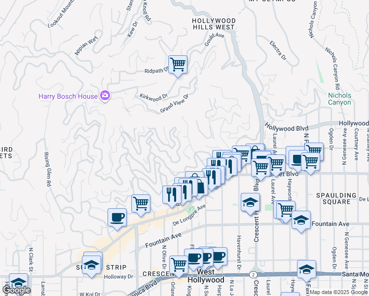 map of restaurants, bars, coffee shops, grocery stores, and more near 8415 Hillside Avenue in West Hollywood