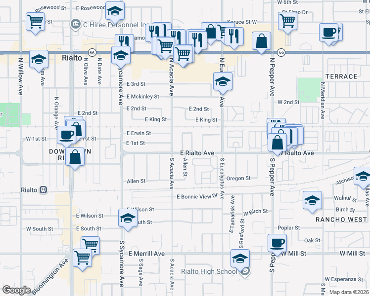 map of restaurants, bars, coffee shops, grocery stores, and more near 107 North Encina Avenue in Rialto